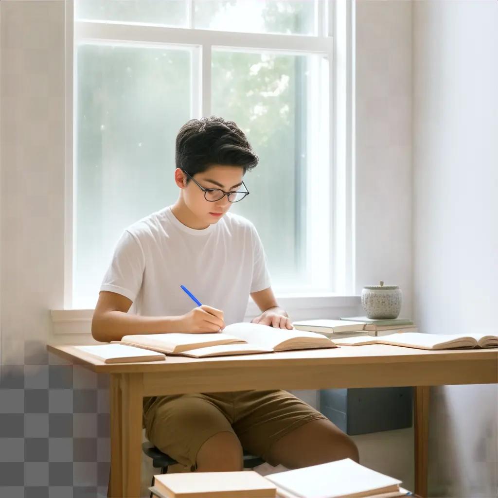 boy does his homework at a table