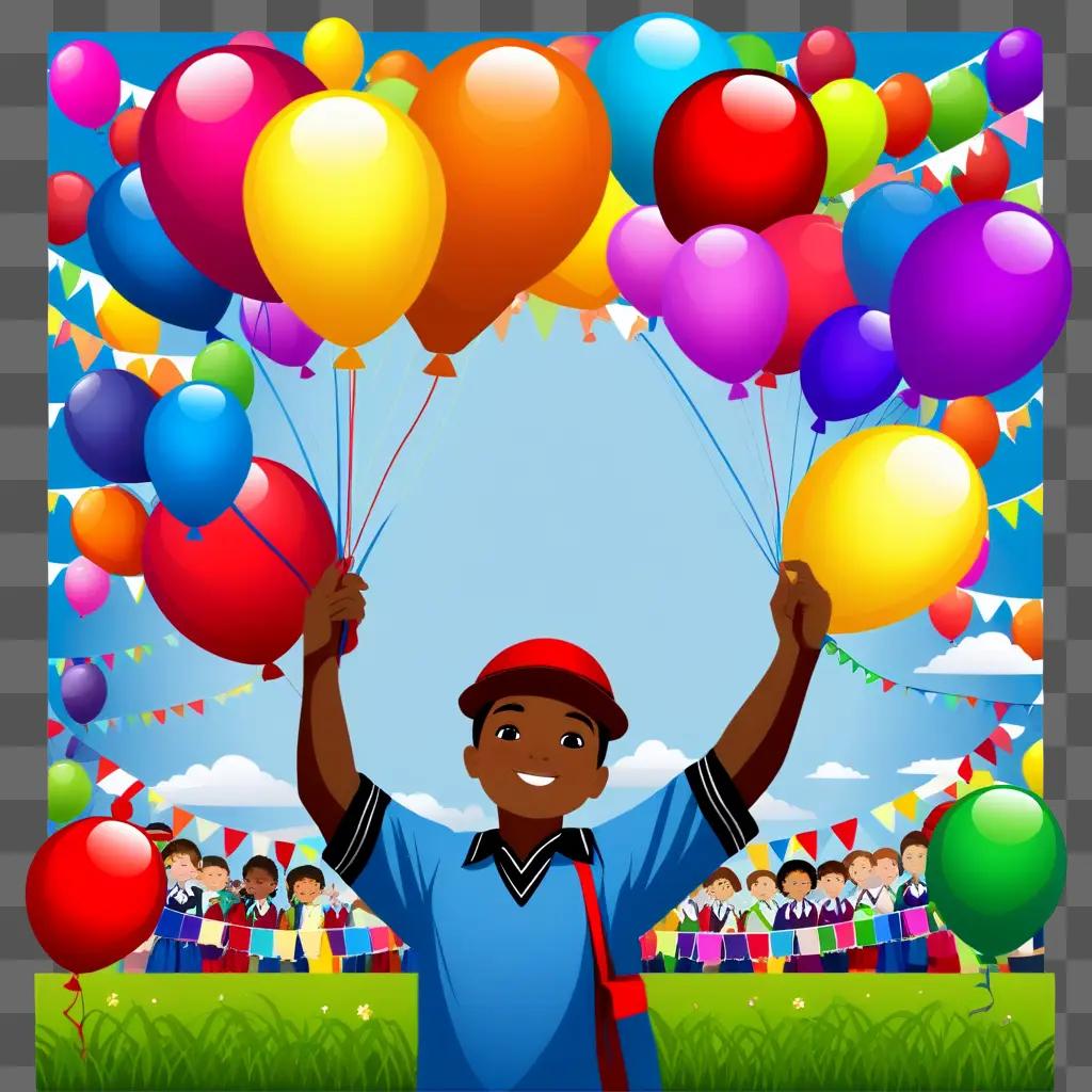 boy holds balloons above a field day scene