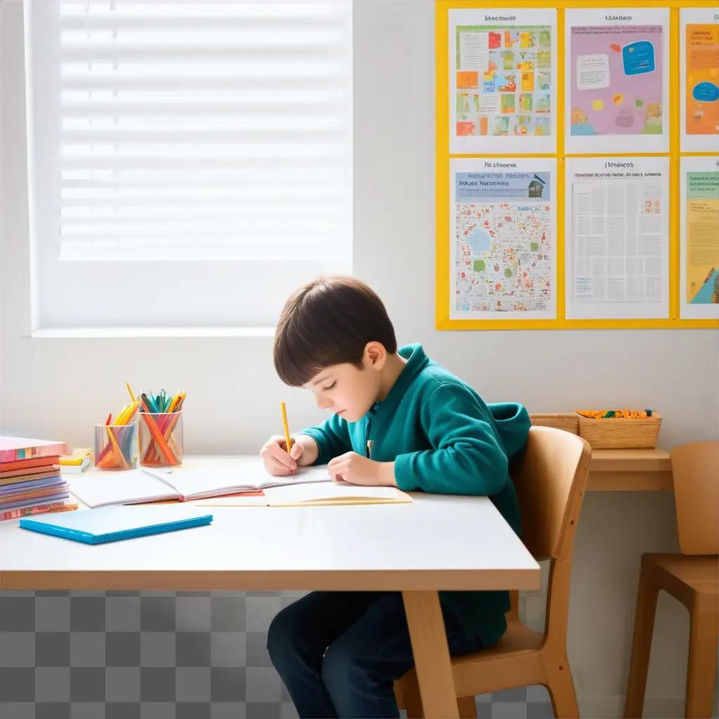 boy in a green sweater works on homework