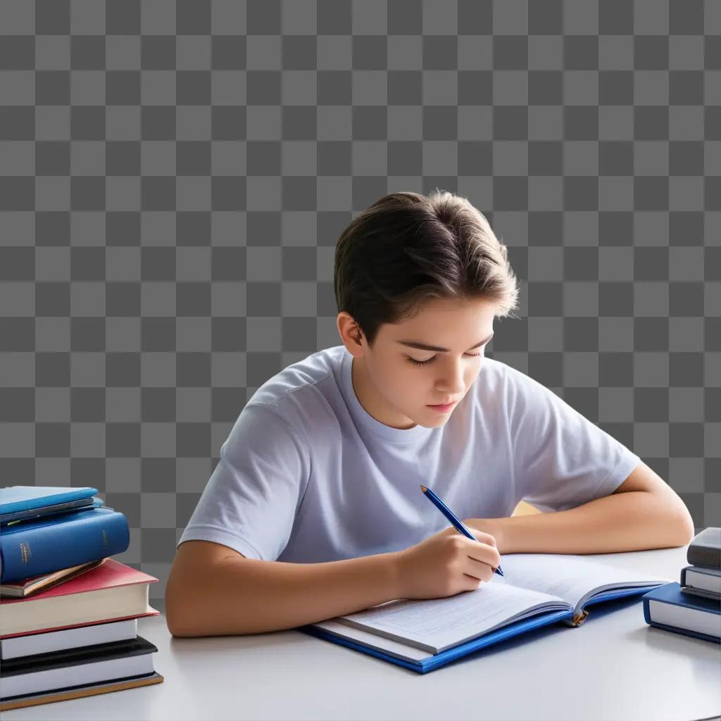 boy studies at his desk while wearing a tee shirt