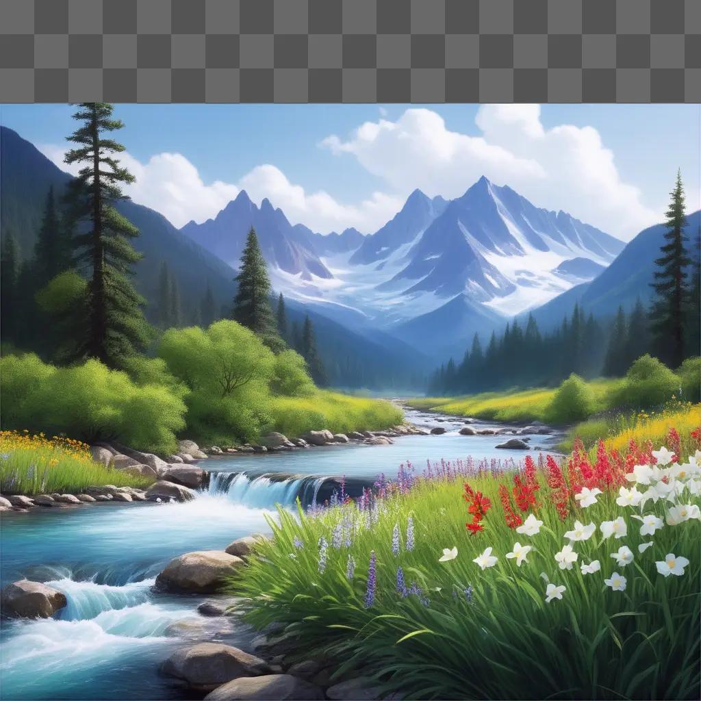 breathtaking nature drawing of a mountain range with a river