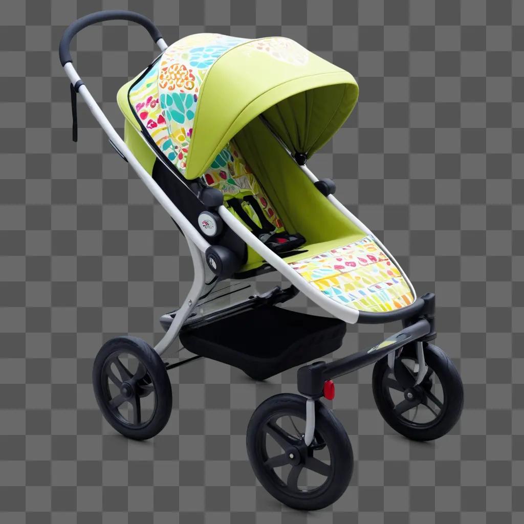 bright green stroller with colorful patterns