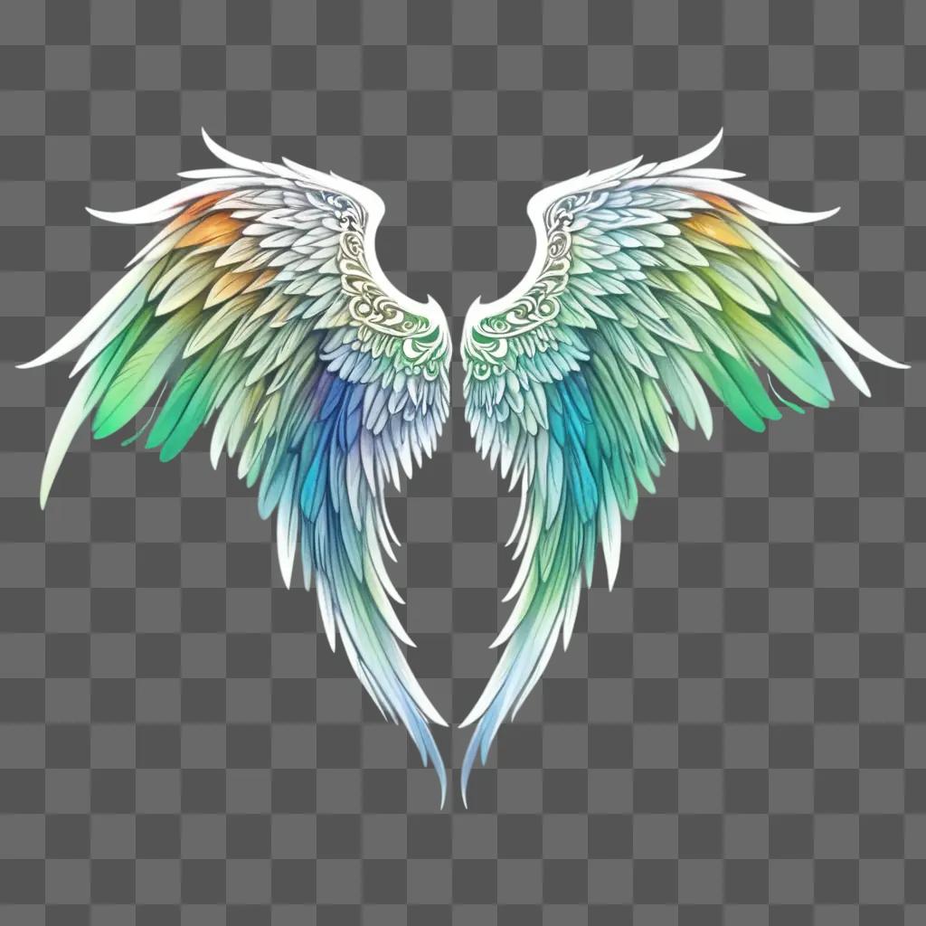 brightly lit drawing of angel wings with various colours