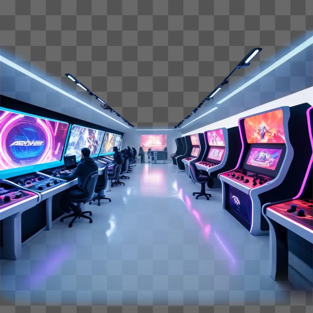 brightly lit gaming arcade with many screens and players