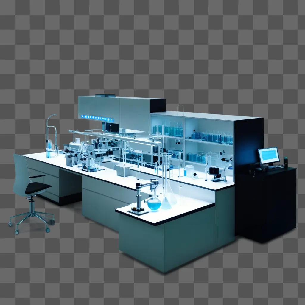 brightly lit lab with lots of blue and green chemicals