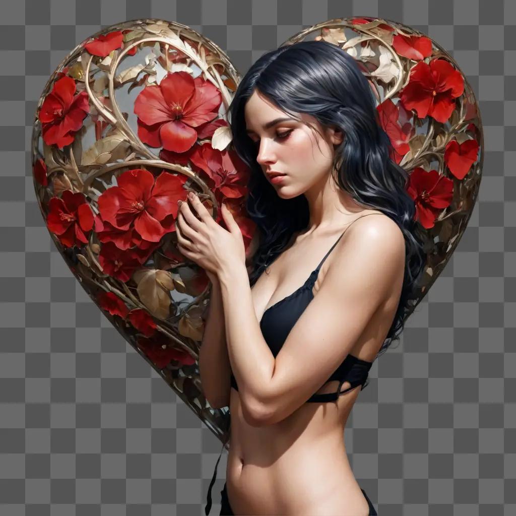 broken heart A woman in a black bra and shorts holding a heart with red flowers