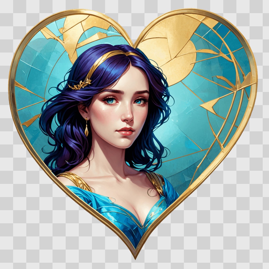 broken heart A woman with blue hair and gold earrings in a heart frame