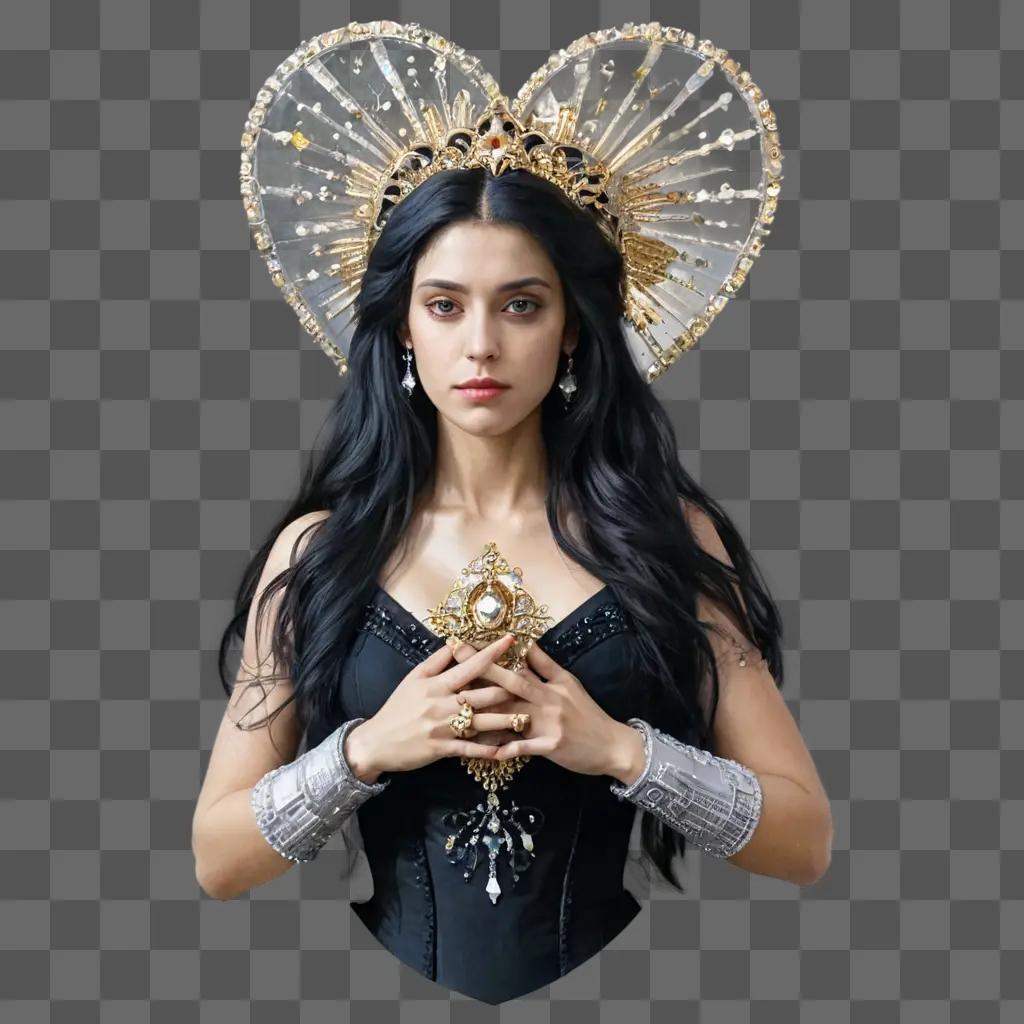 broken heart A young woman with long black hair and a gold heart on her head holds a golden object