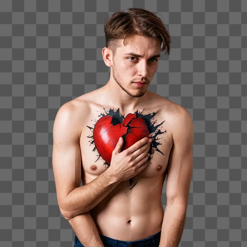 broken heart tattoo A shirtless man holds a heart with a bruise on it