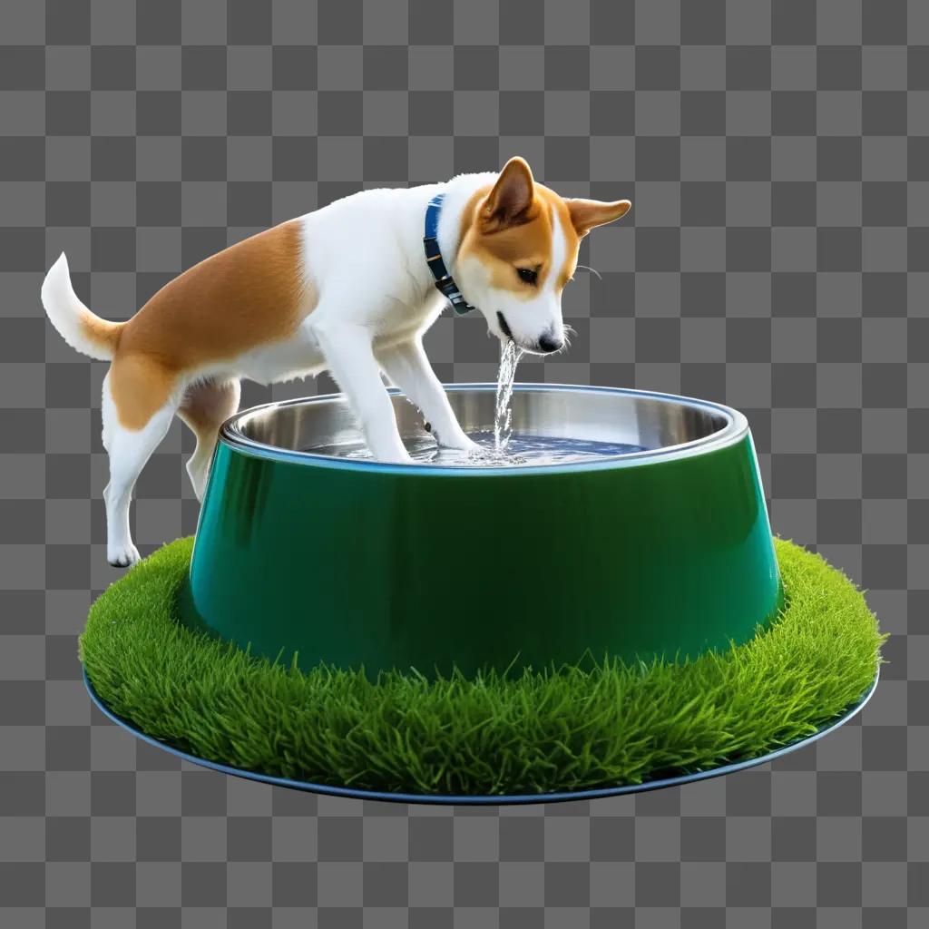 brown and white dog drinks from a water bowl