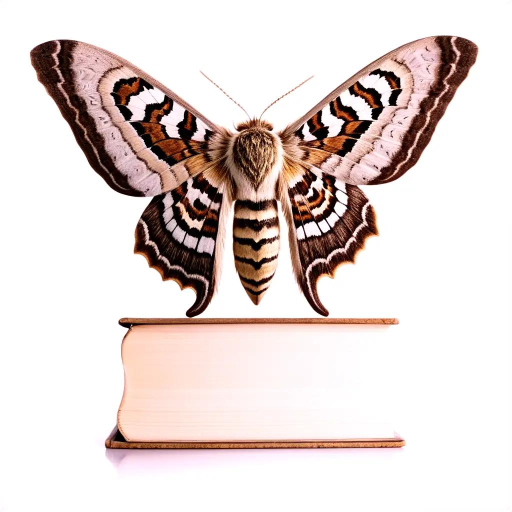 brown and white moth flies above a book