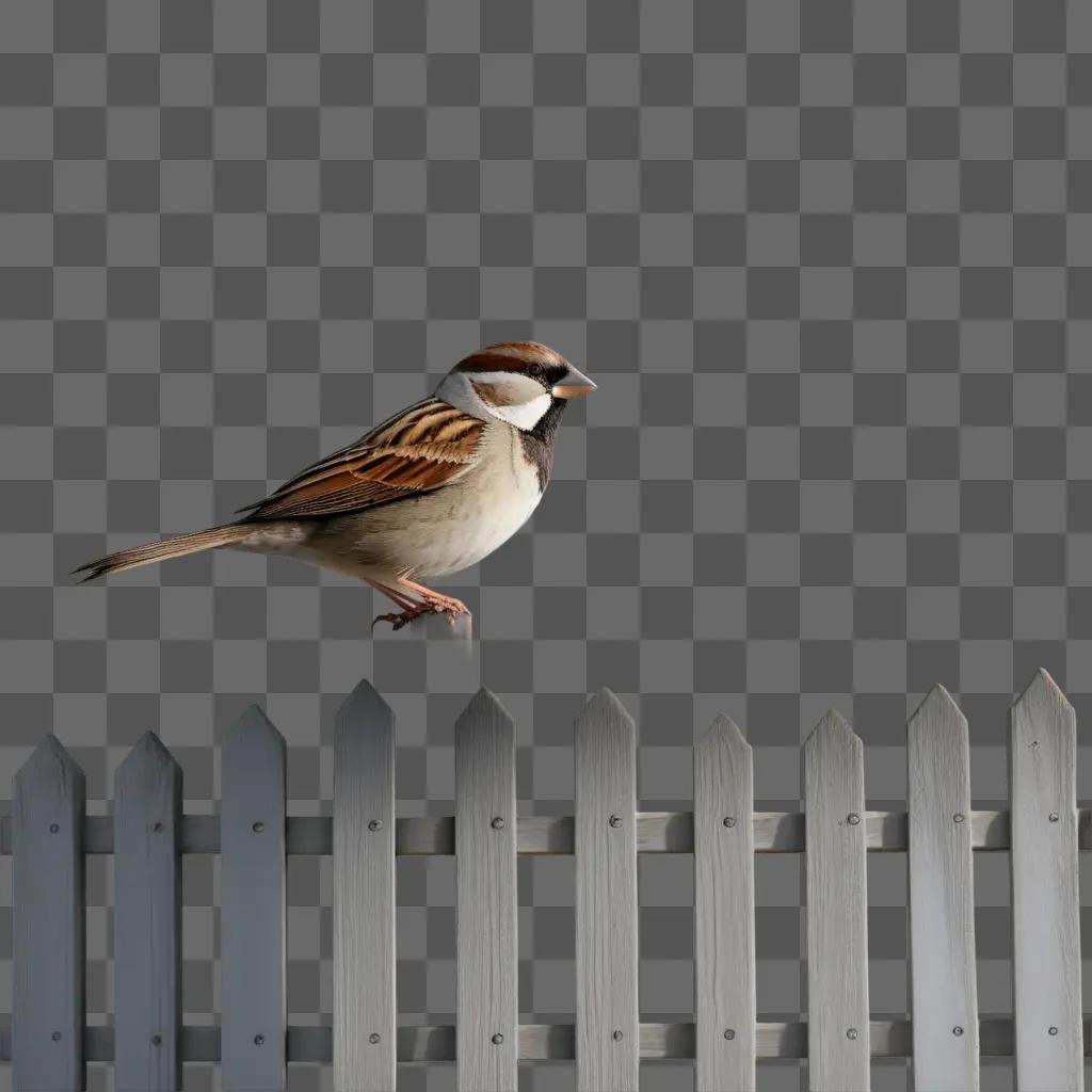 brown and white sparrow perches on a white fence