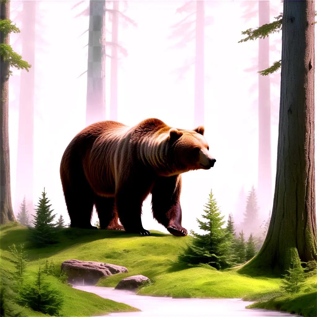 brown bear in a forest with trees and moss