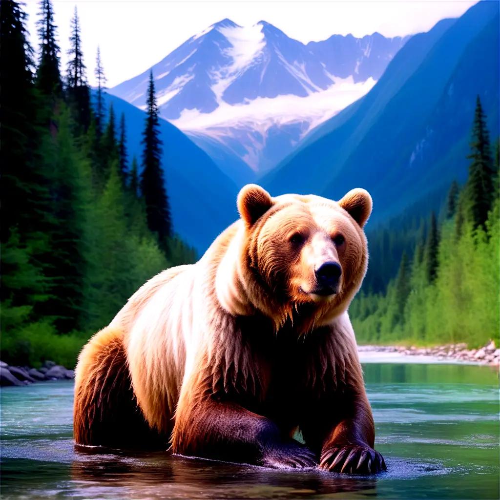 brown bear in a stream near a mountain