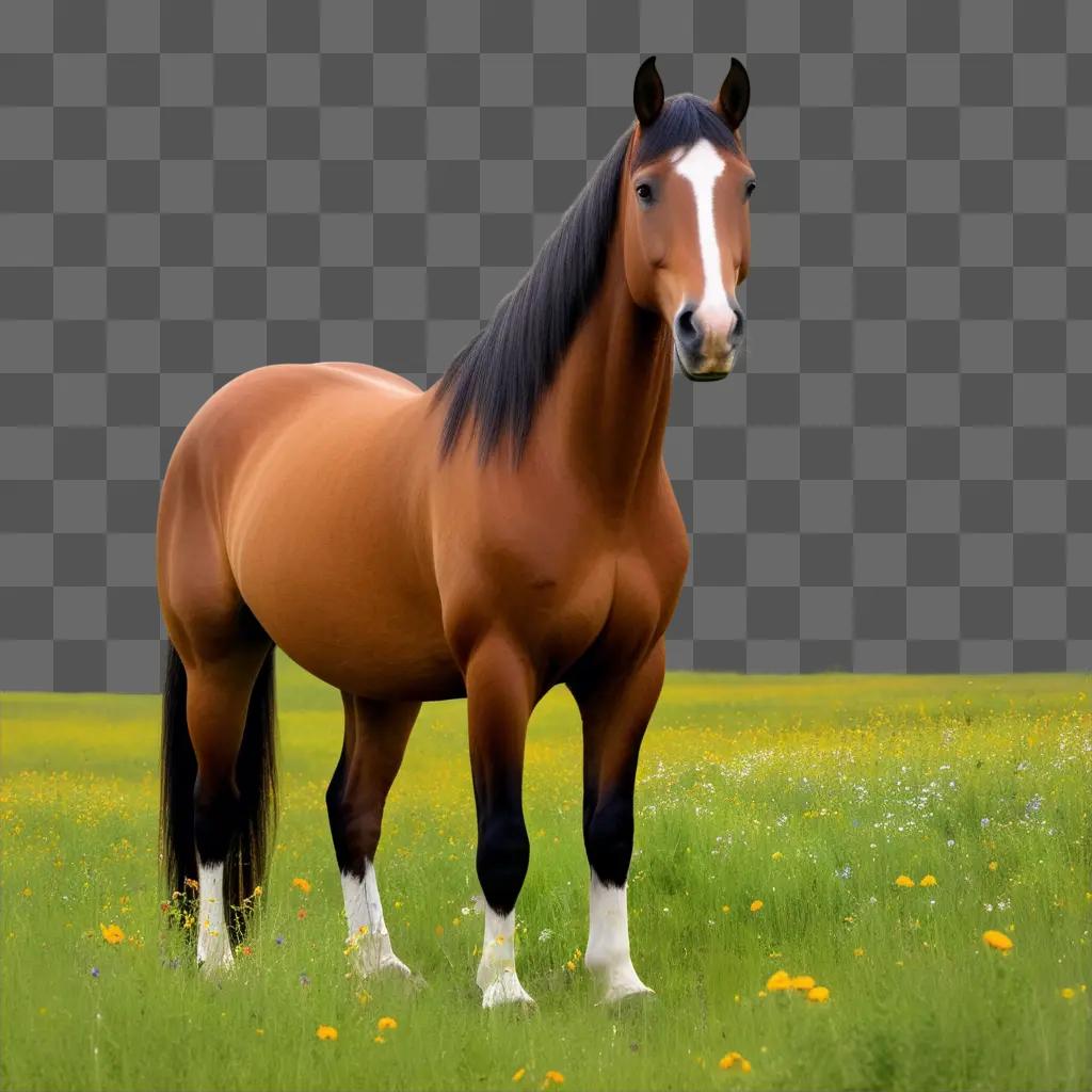 brown horse stands in a field with yellow flowers