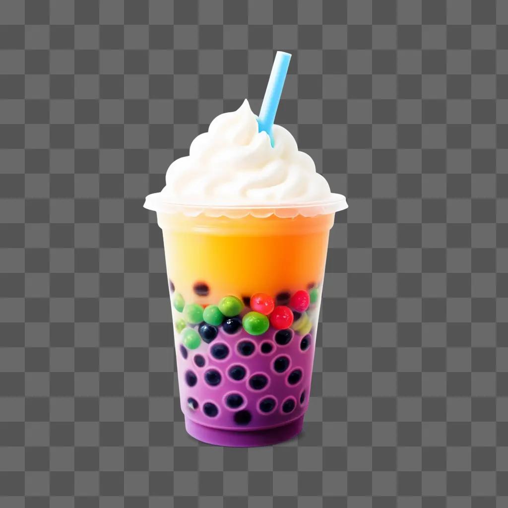 bubble tea with colorful toppings and whipped cream