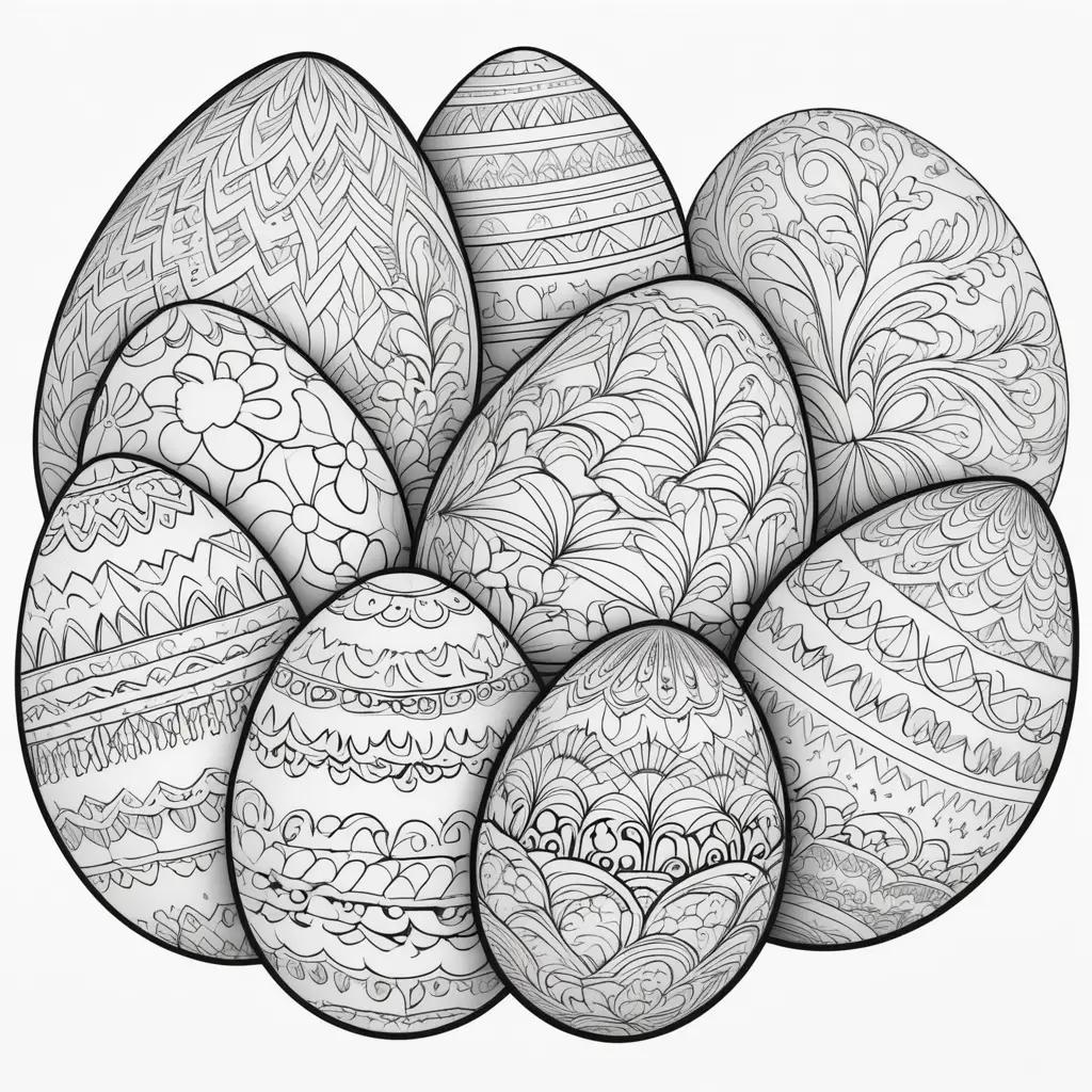 bunch of black and white Easter eggs with designs