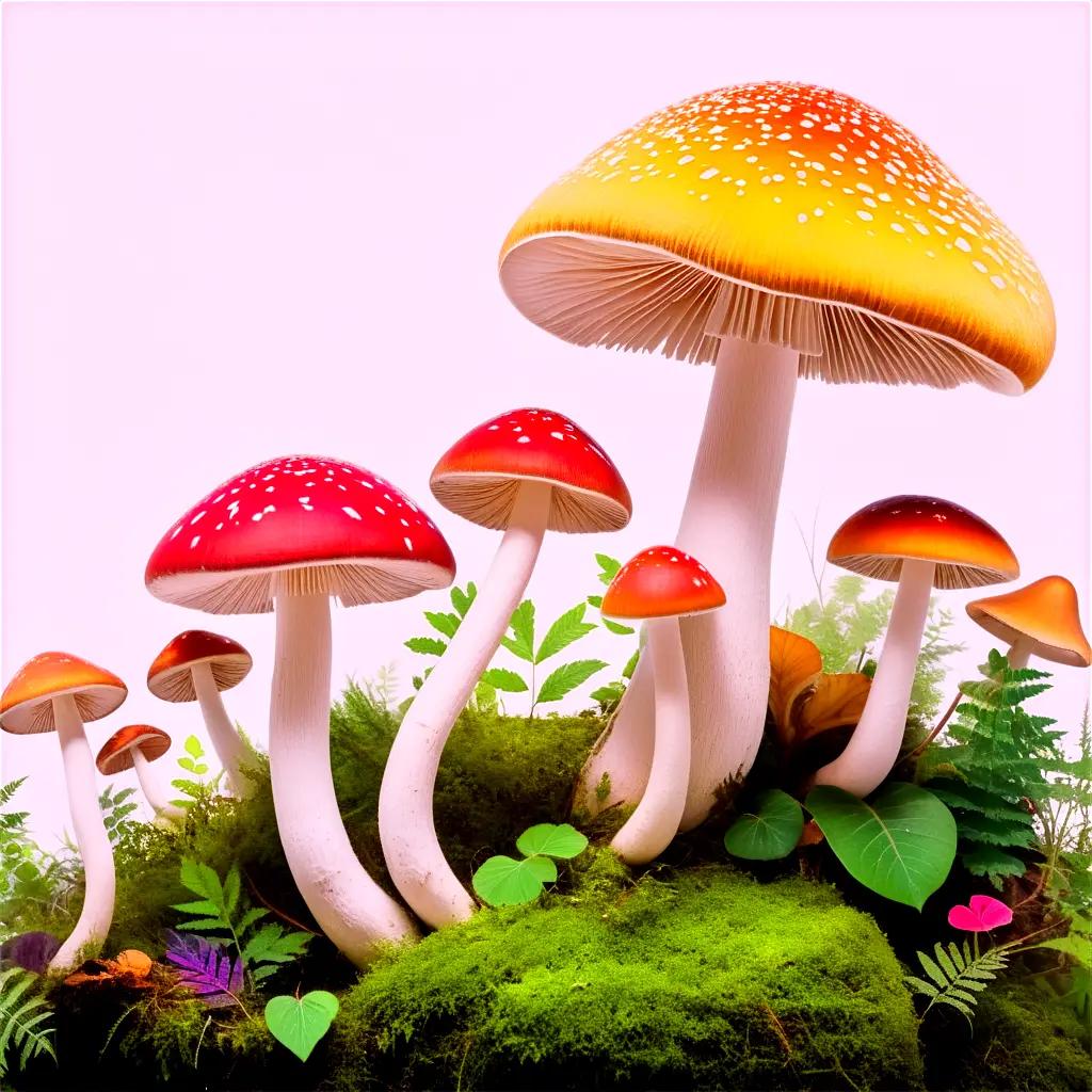 bunch of mushrooms with a pink and yellow color scheme