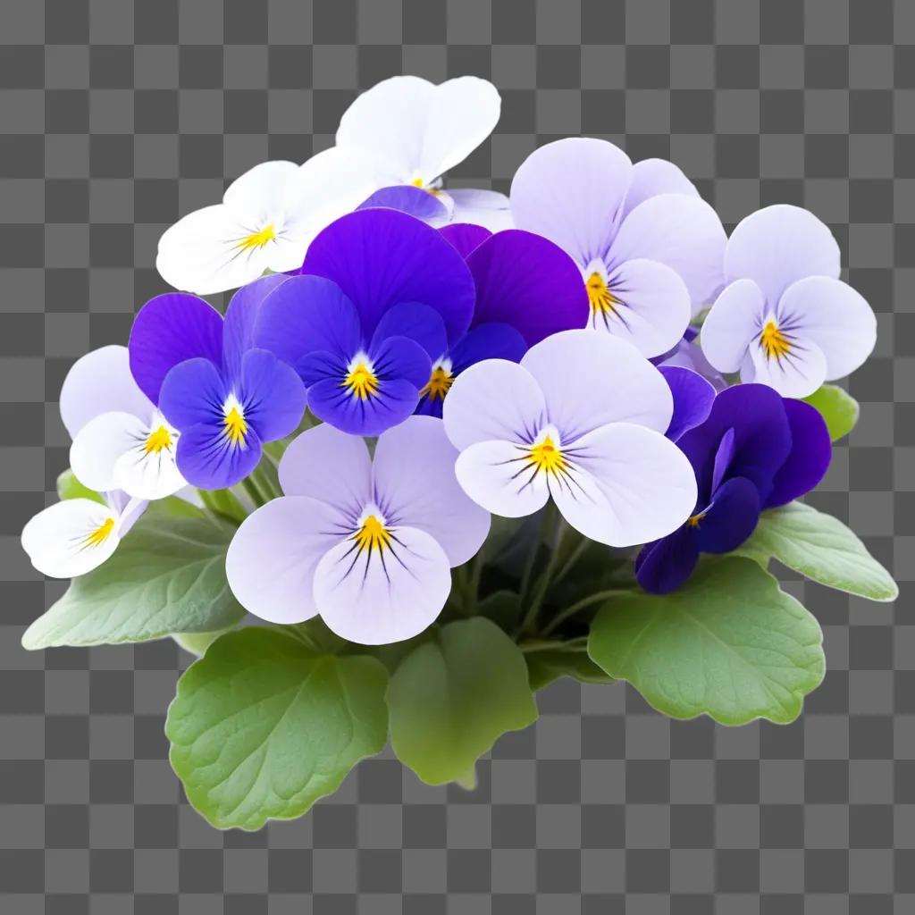 bunch of purple and white violets in a flower arrangement