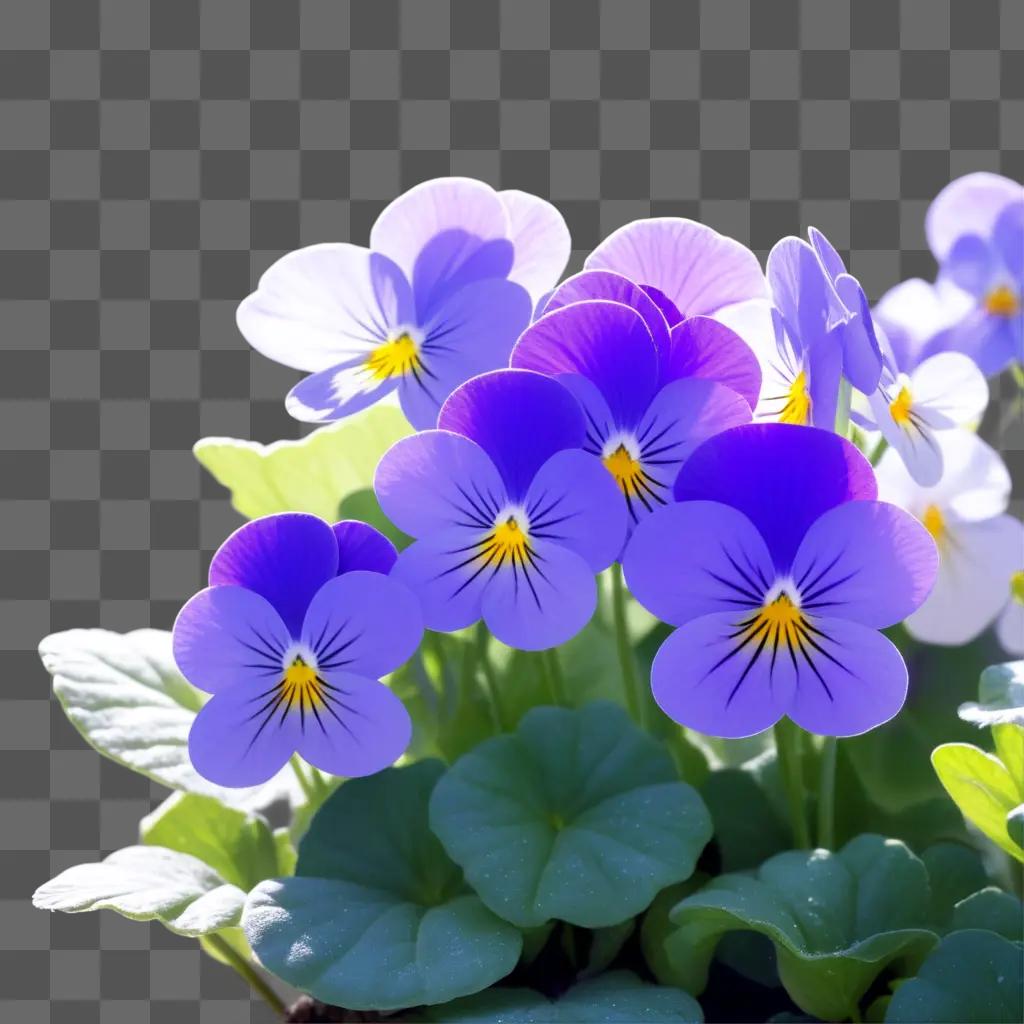 bunch of violets with yellow centers blooming in a field