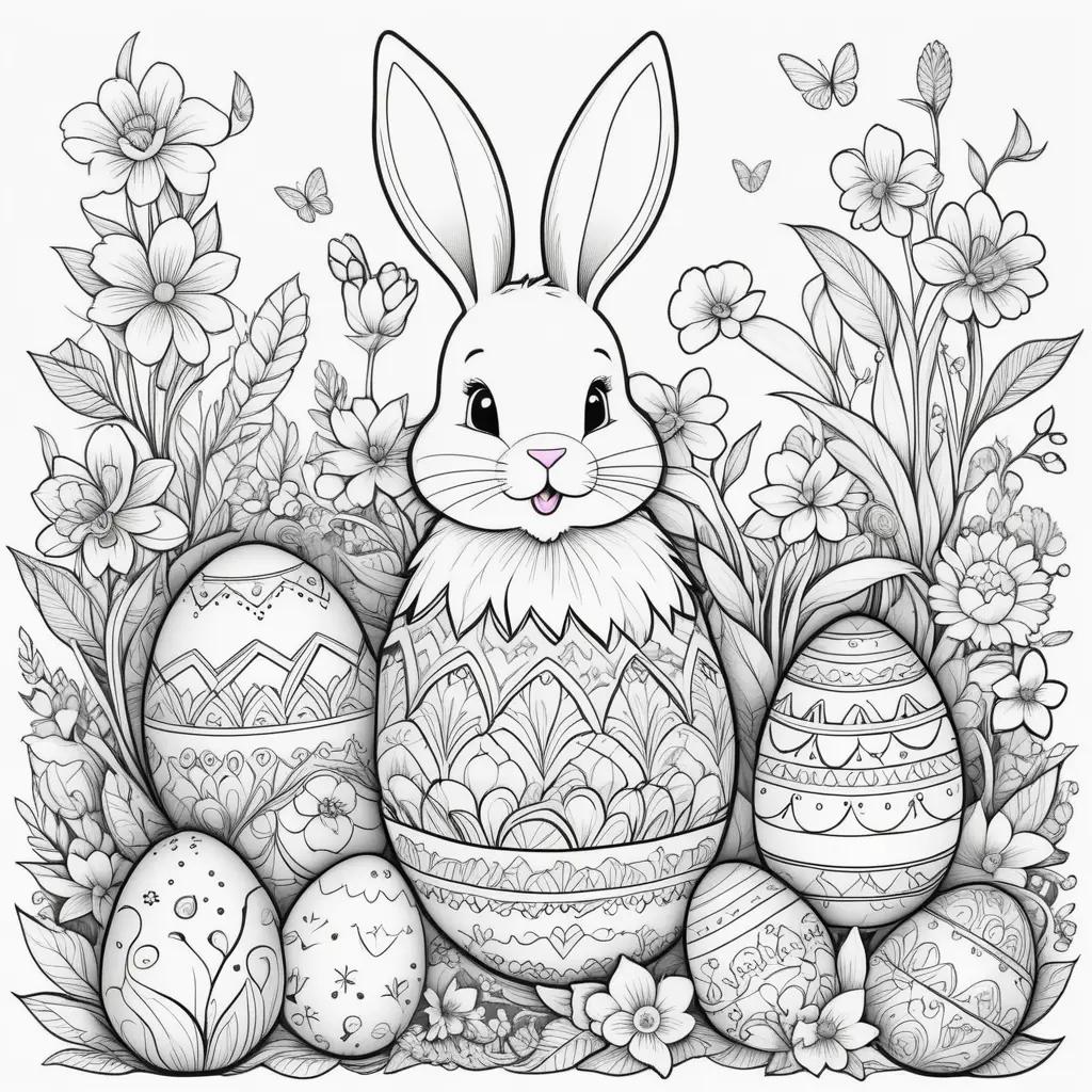 bunny and eggs in a colorful Easter coloring page