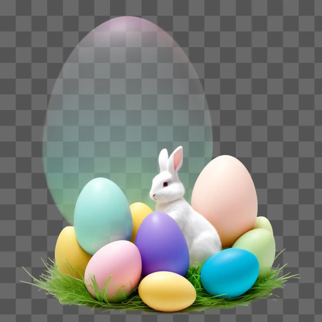 bunny and eggs on a grassy background with a transparent Easter egg