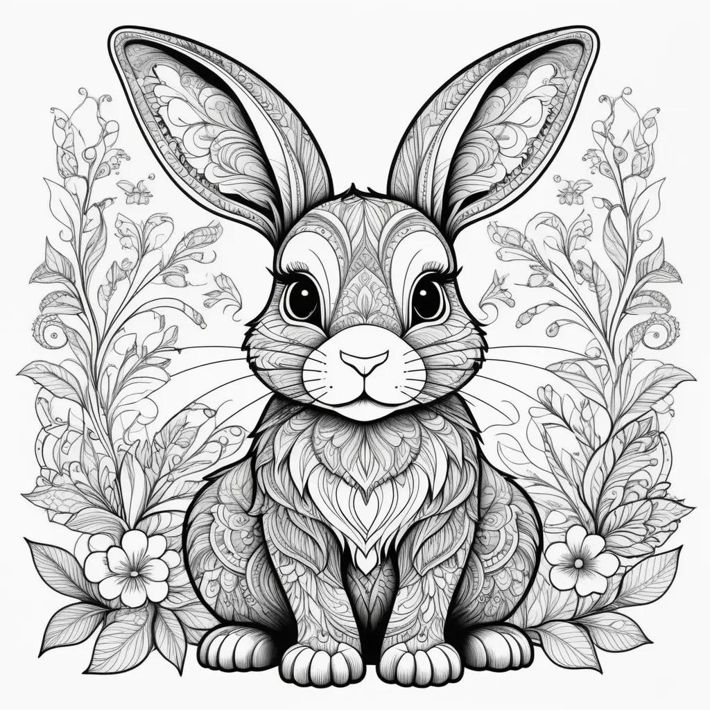 bunny coloring page featuring a floral background and a cute rabbit