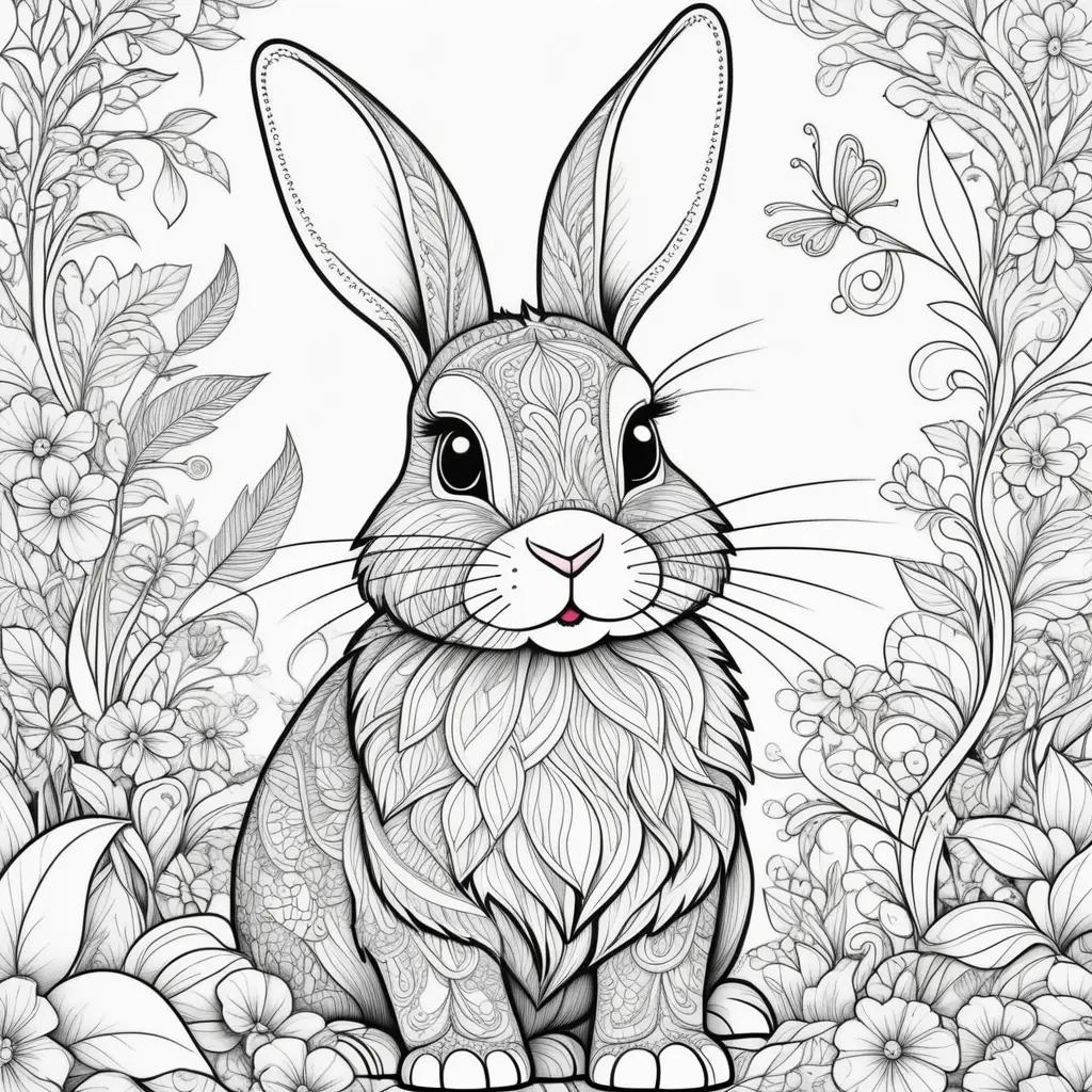 bunny rabbit coloring page with flowers and butterflies