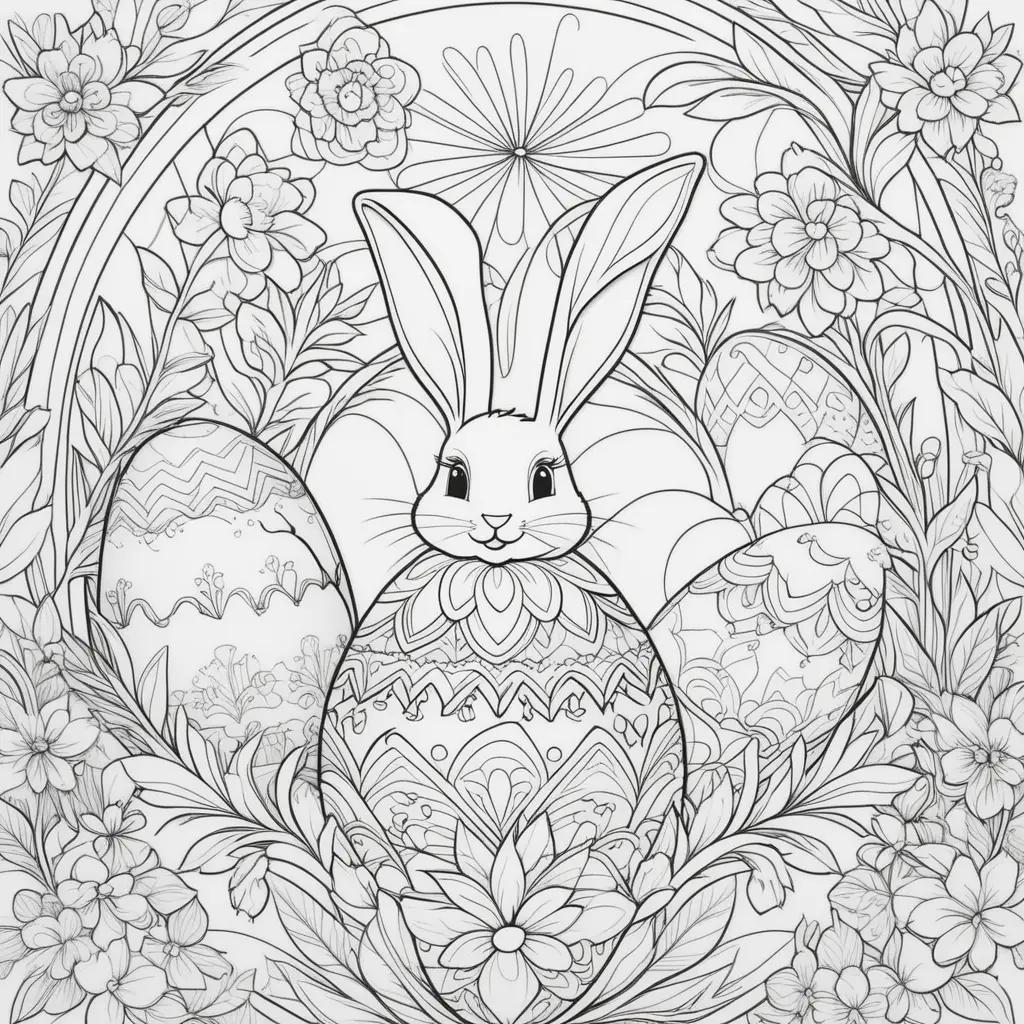 bunny sits among Easter eggs and flowers in a black and white coloring page