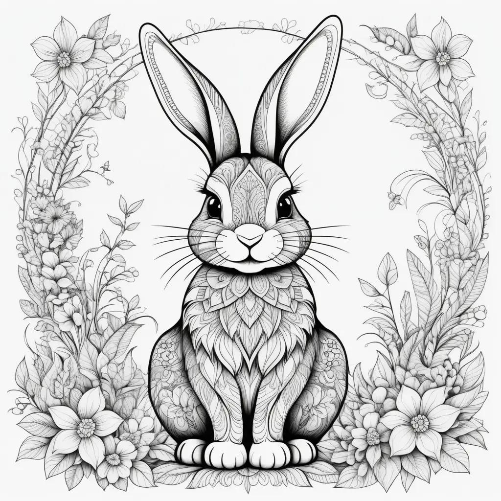 ウサギはぬりえの花のフレームに座っています