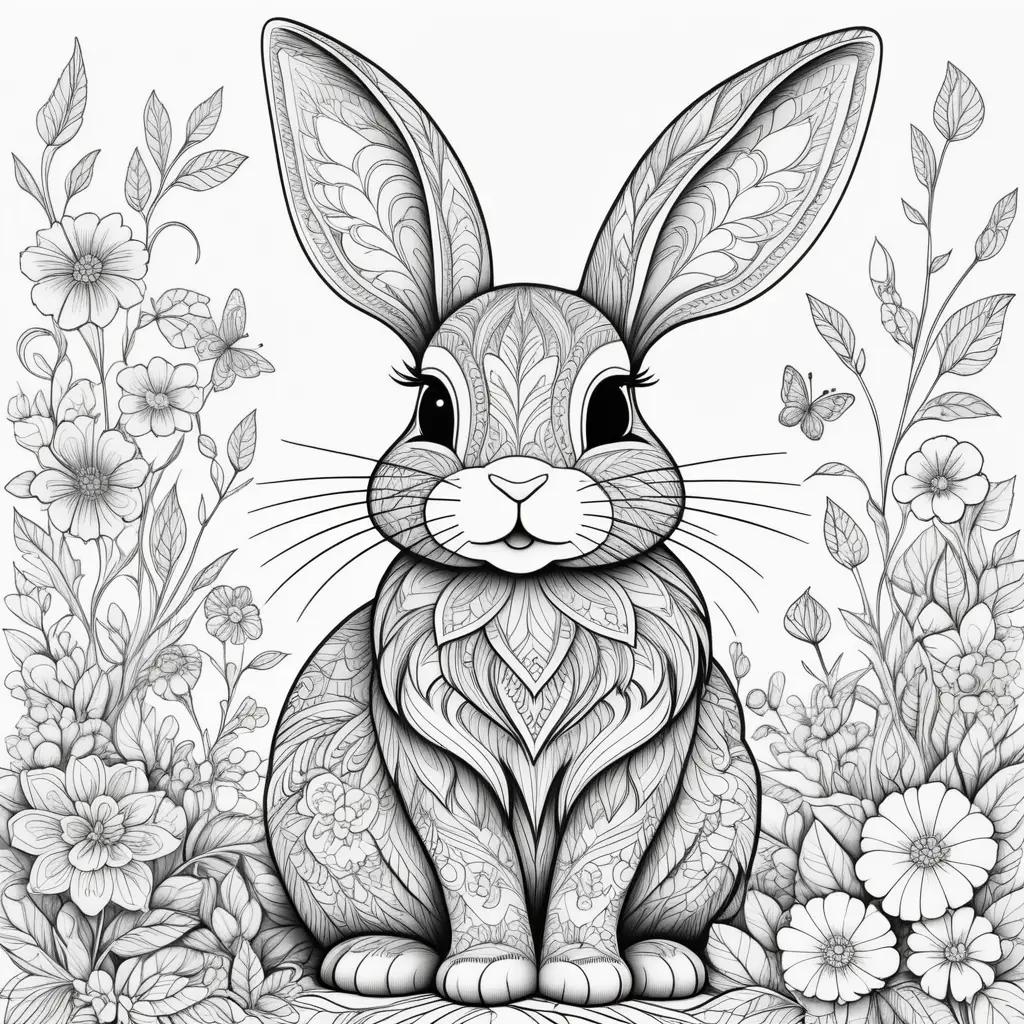 bunny sits in front of a floral background in a black and white coloring page