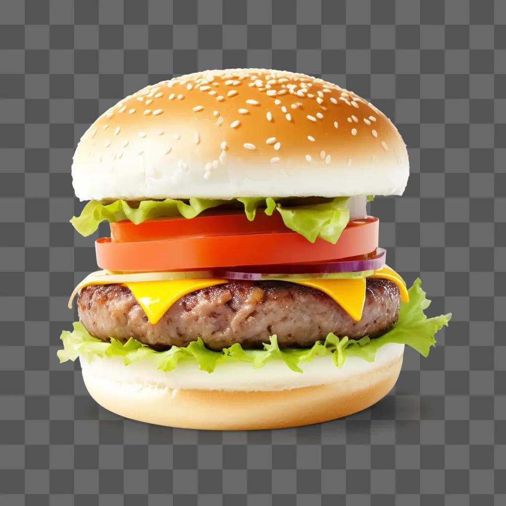 burger with cheese, lettuce, and tomato on a white background