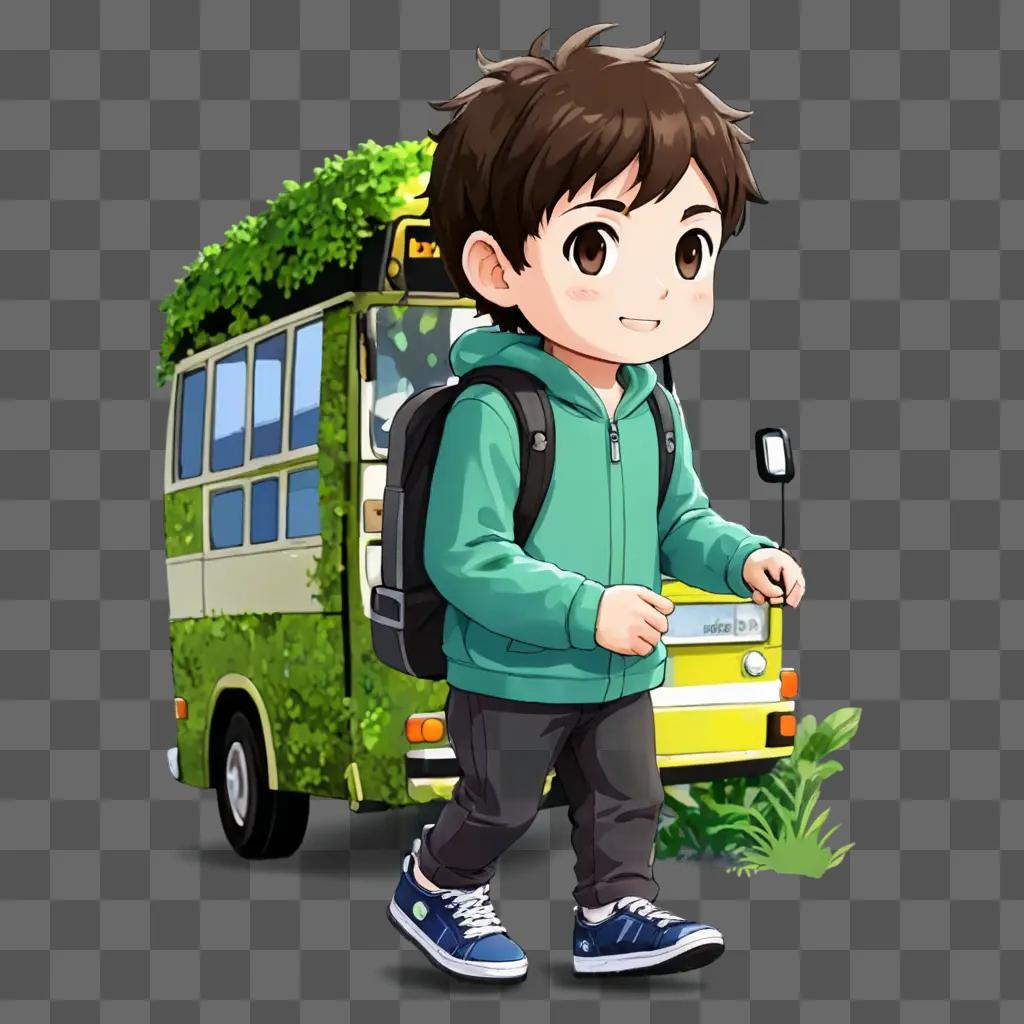 bus clipart A boy with a backpack walks past a bus with plants on it