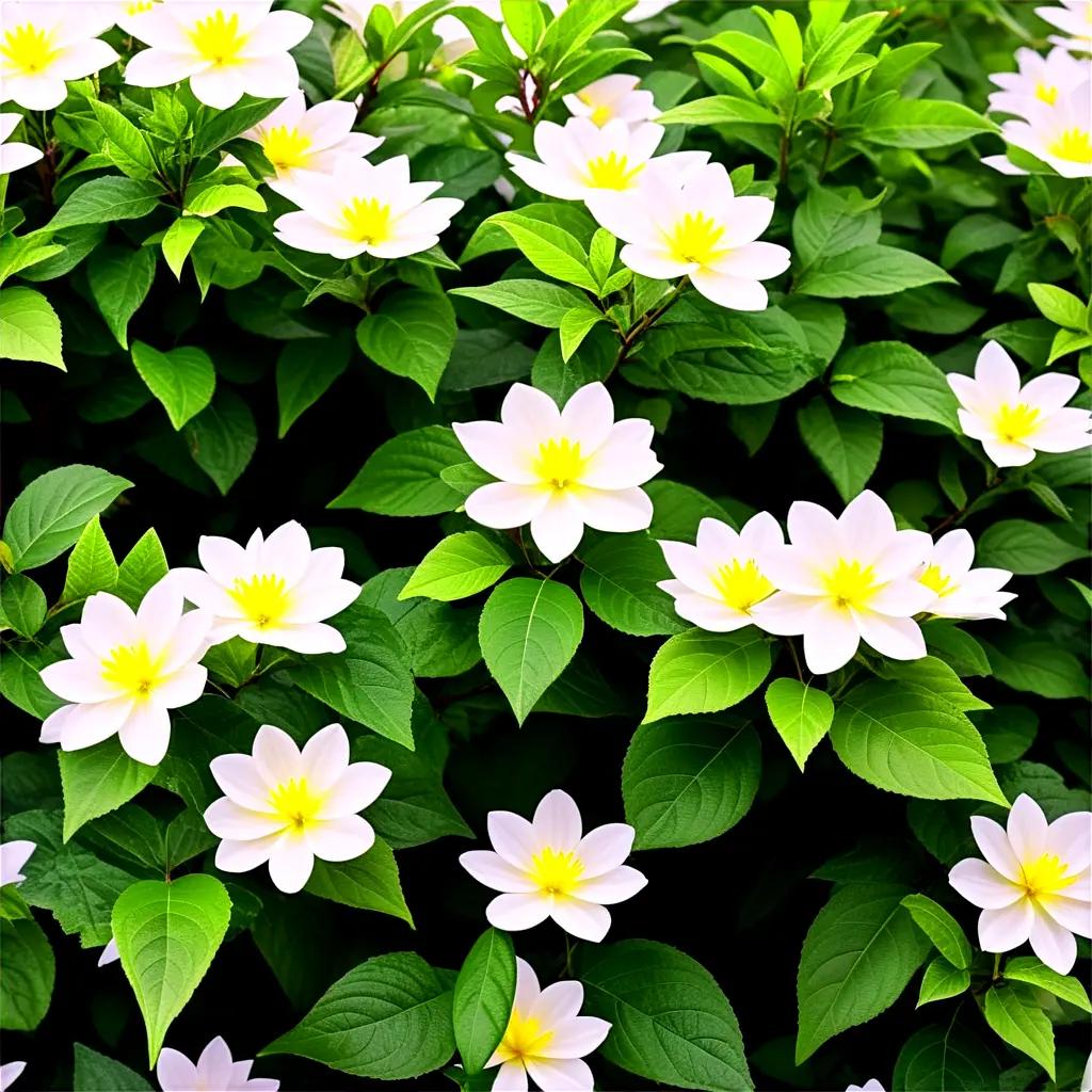 bush filled with white flowers and green leaves