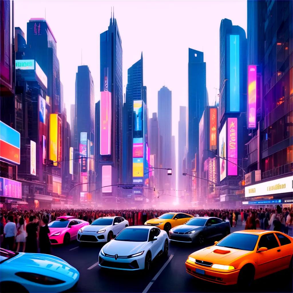 bustling cityscape with various vehicles and colorful buildings