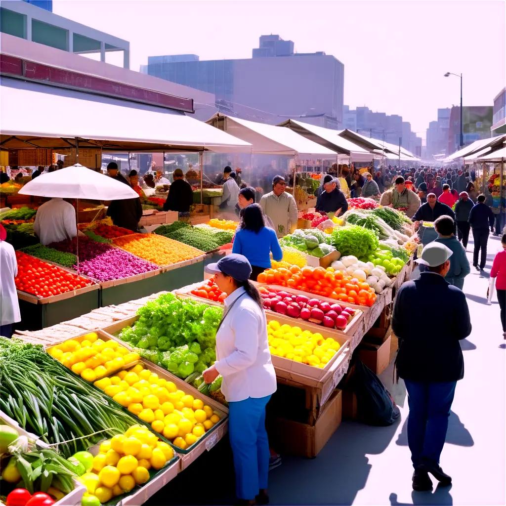 bustling market with fruits and vegetables on display