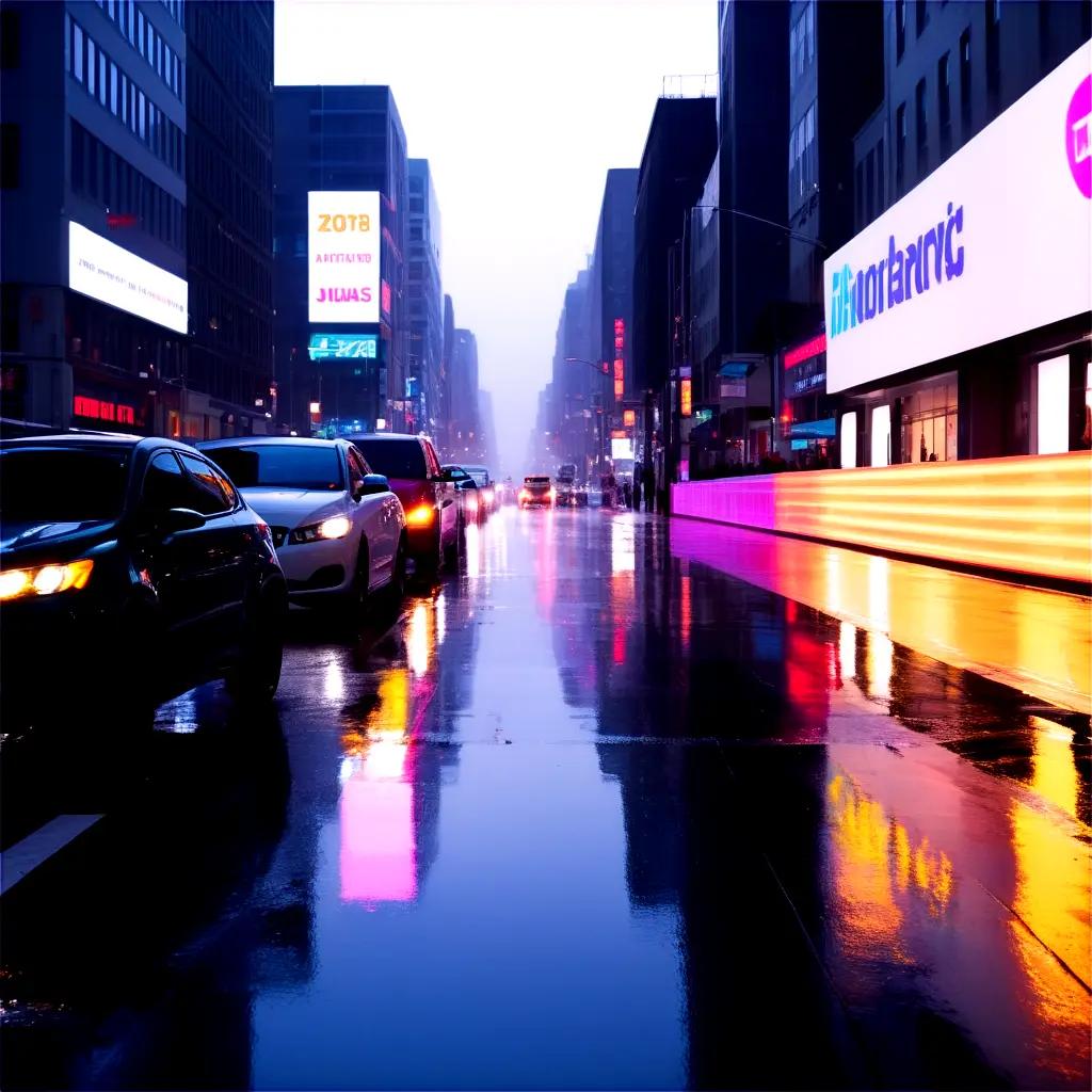 busy city street with a rainbow reflection