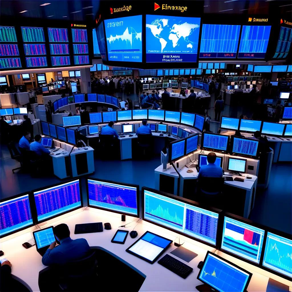 busy financial trading floor with many screens and computers