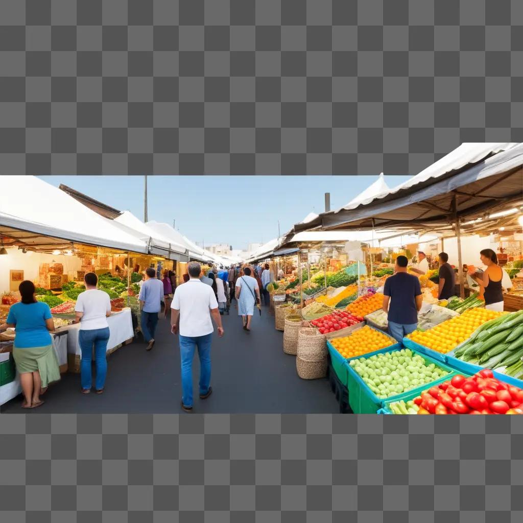 busy outdoor market with fruits and vegetables on display