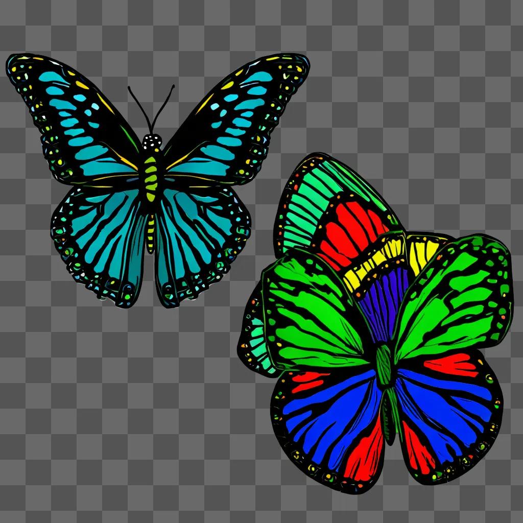 butterflies drawn in vibrant colours on a green background