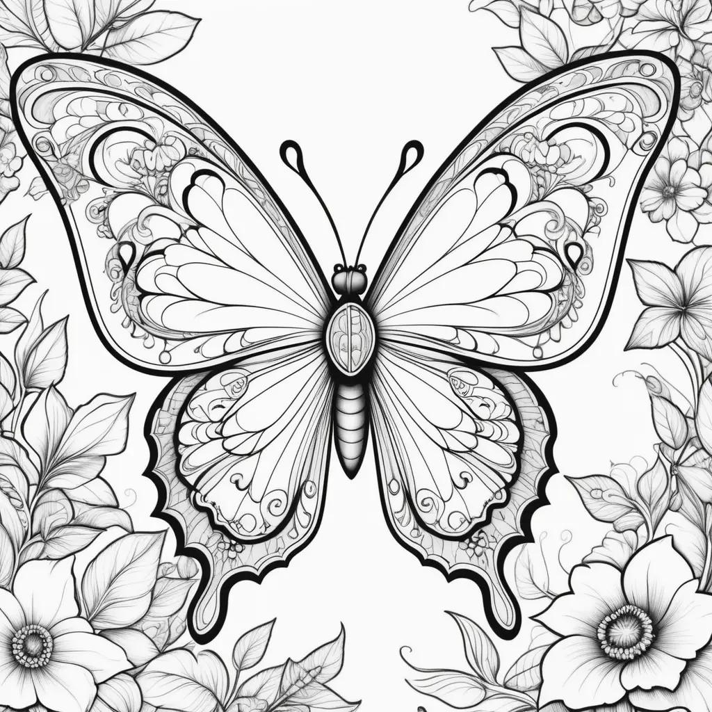 butterfly coloring page with a floral background