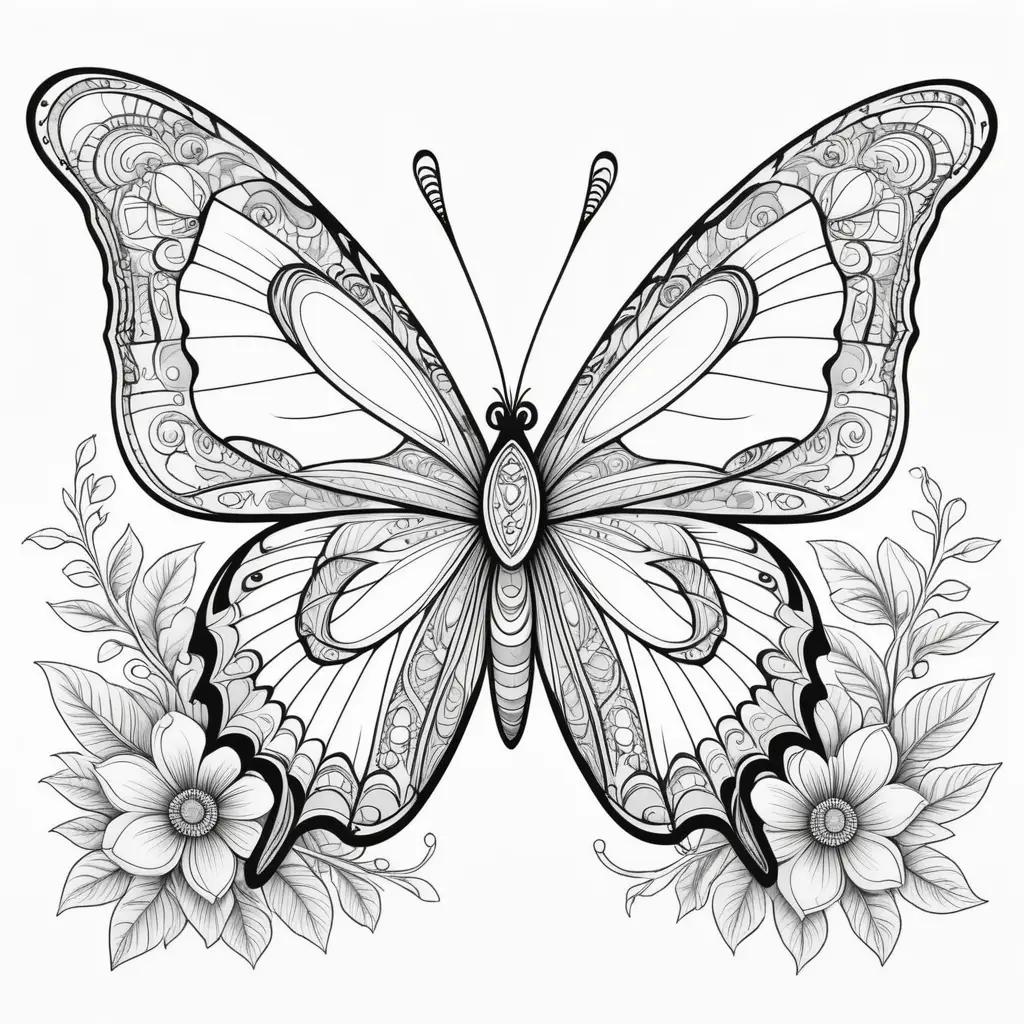 butterfly coloring page with floral decoration and black and white color scheme