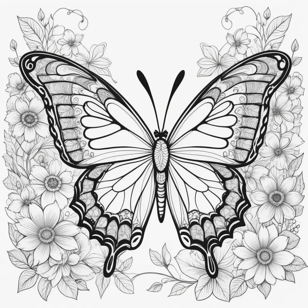 butterfly coloring page with flowers on a white background