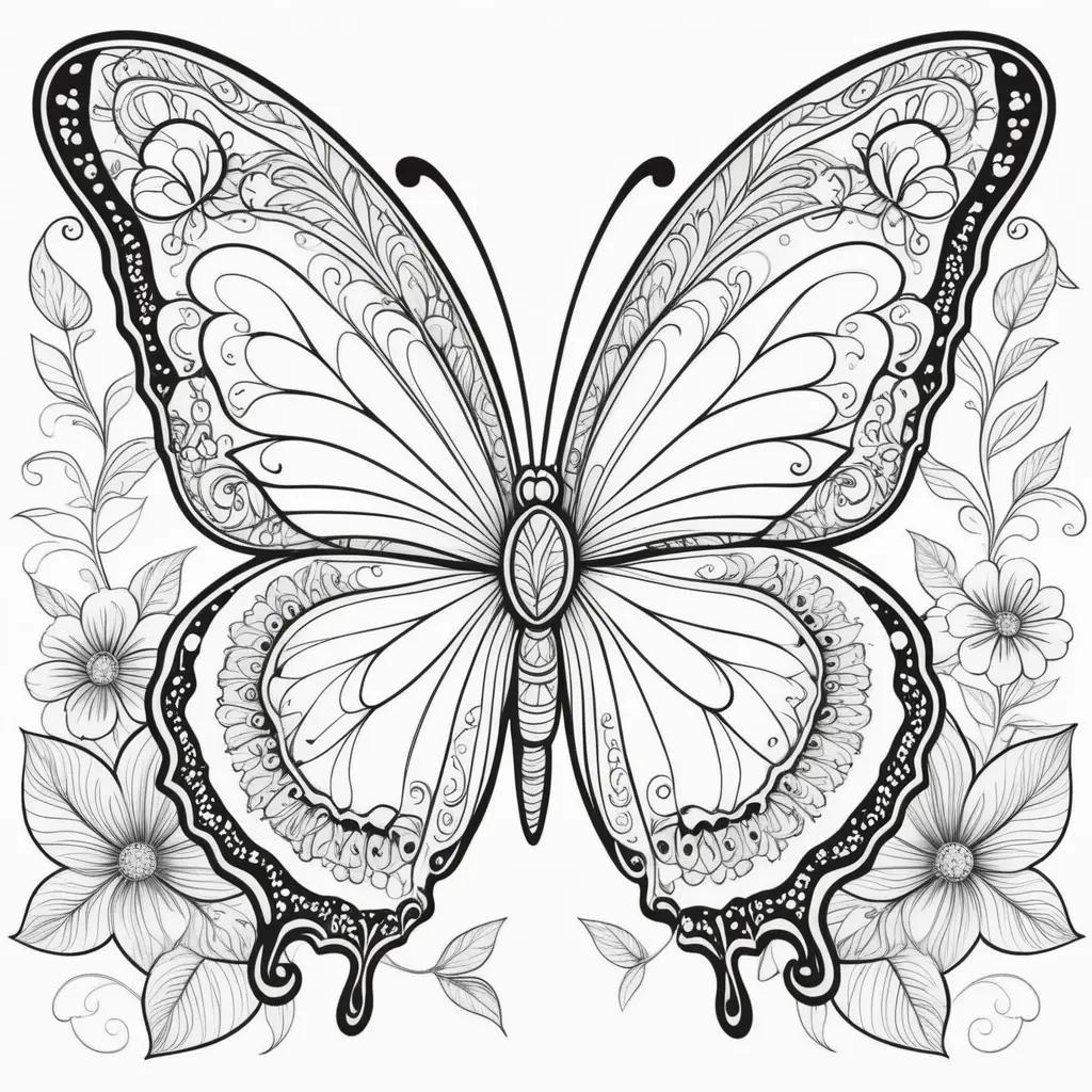 butterfly coloring page with intricate patterns and leaves