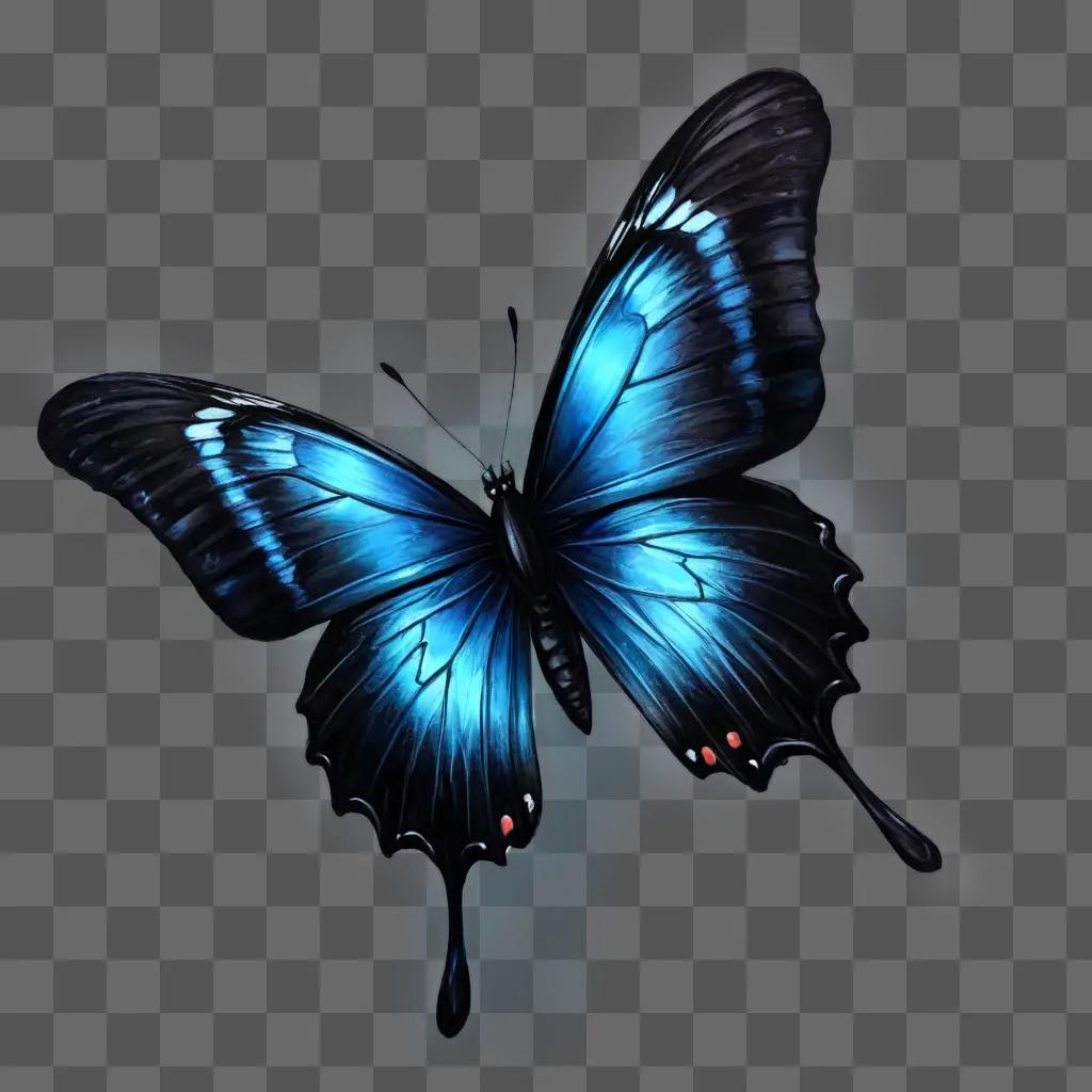 butterfly drawing A blue butterfly with red eyes flies against a blue background