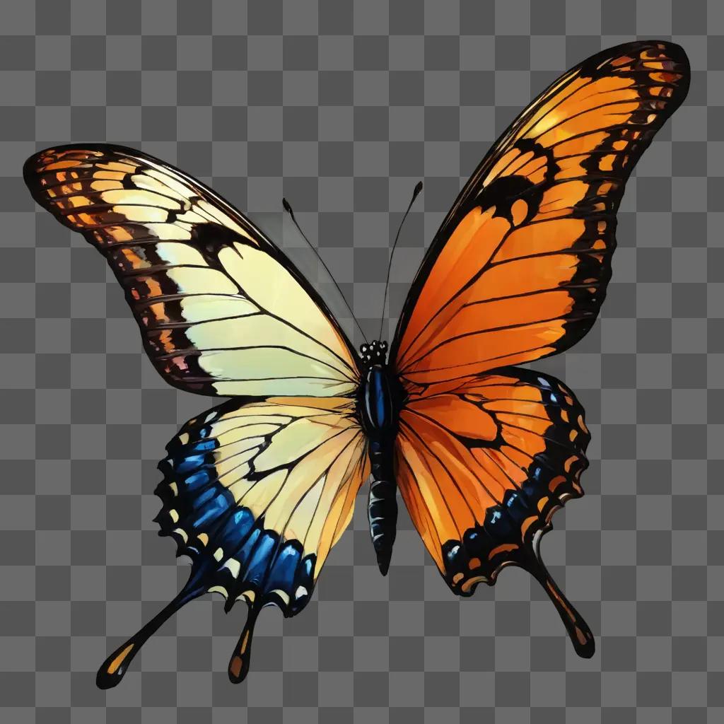 butterfly drawing A large orange and blue butterfly is on a dark background