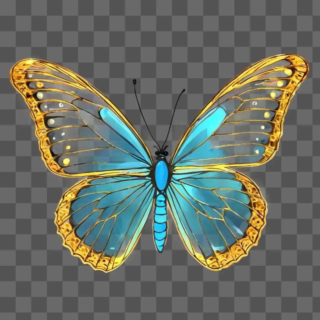 butterfly drawing outline A blue and yellow butterfly with a gold body