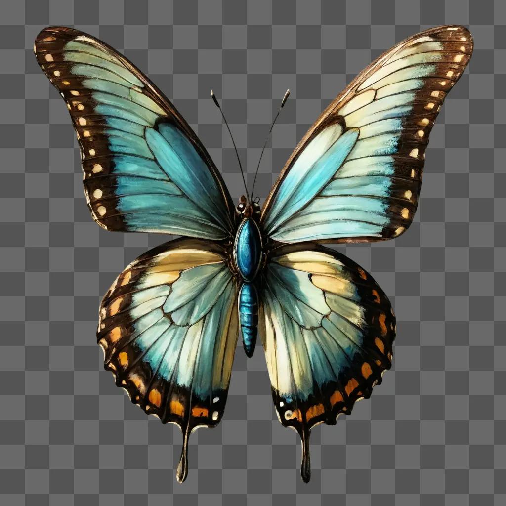 butterfly drawing realistic A blue and yellow butterfly sits on a dark background