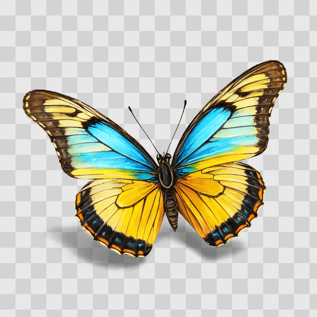 butterfly drawing realistic A blue and yellow butterfly with black antennae