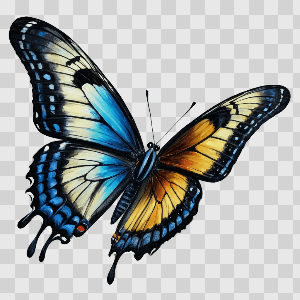 butterfly drawing realistic A butterfly painted in hues of blue and yellow